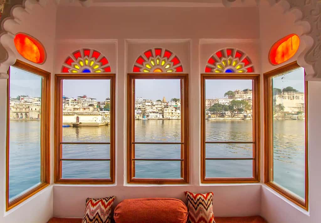 The bay window of a Lake Facing Suite at Amet Haveli, over Lake Pichola