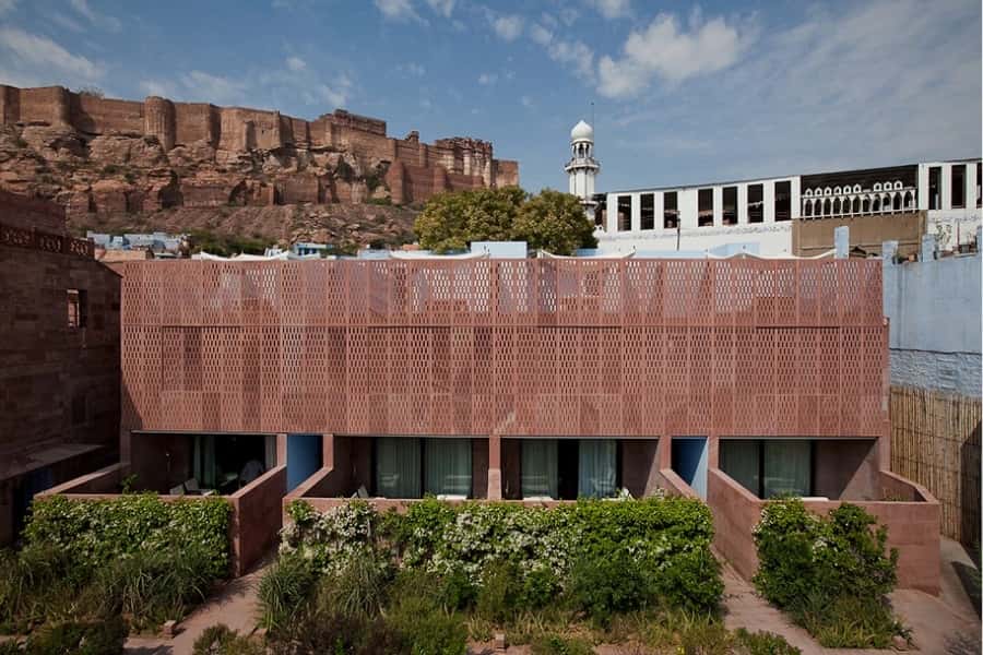 Red sandstone guest wing below Mehrangarh Fort