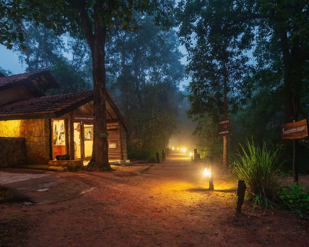 The main building at Kanha Earth Lodge in morning mist