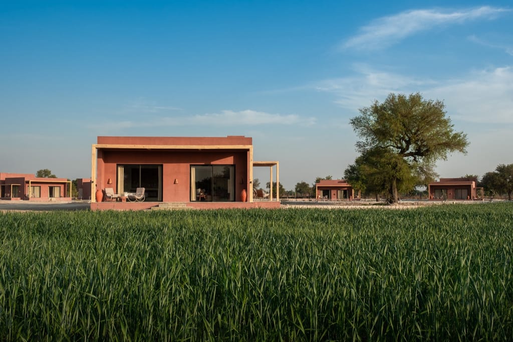 Cottages in the green fields of Mharo Khet outside Jodhpur