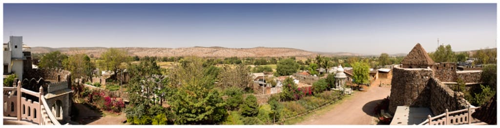 Panoramic landscape view over the valley from the castle, Castle Bijaipur, Bijaipur