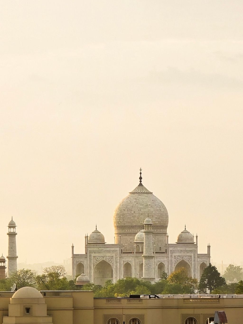 The Taj Mahal seen from the rooftop terrace, Diwan House, Agra
