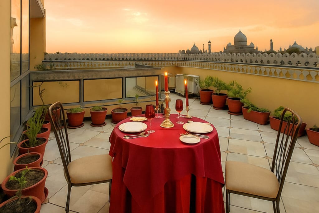 Candlelit dinner table on the rooftop terrace with the Taj Mahal skyline, Diwan House, Agra