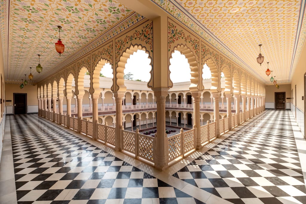 Block courtyard with Rajput-style architecture, Kesar Bagh Palace, Chittorgarh