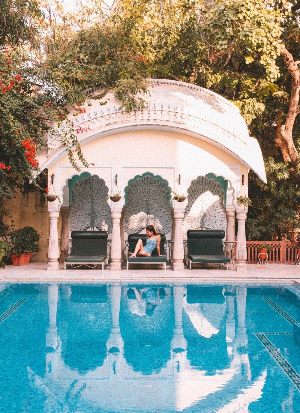 The pool at dusk, with its gazebo and cenotaphs