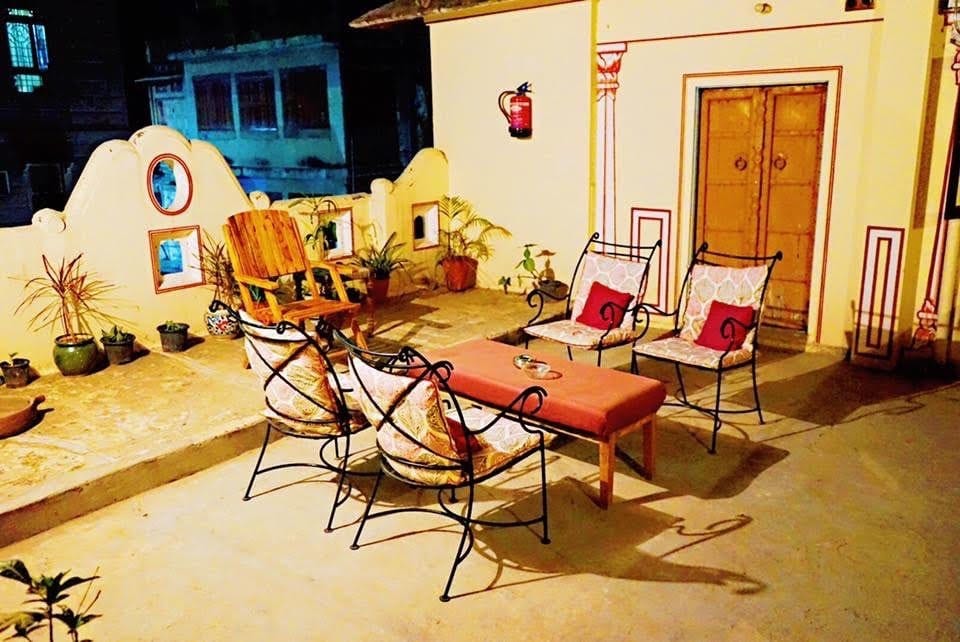 Seating on the rooftop terrace above Johari Bazar