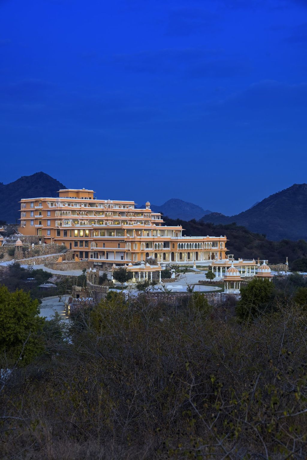 Palace facade of Fateh Vilas at twilight
