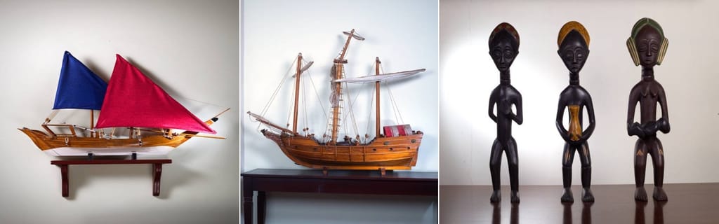 Tea Bungalow, Fort Kochi: model sailing ships and carved wooden figures from the house collection