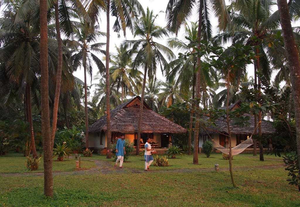 Thatched cottages among the coconut palms with a hammock slung between two trunks