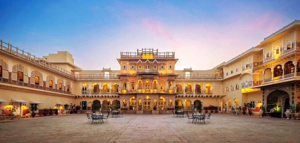 Main courtyard lit at dusk