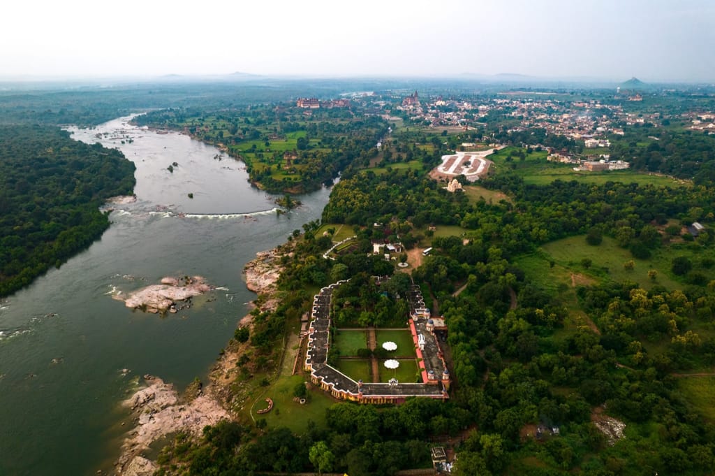 Aerial view of the hotel on the Betwa riverbank