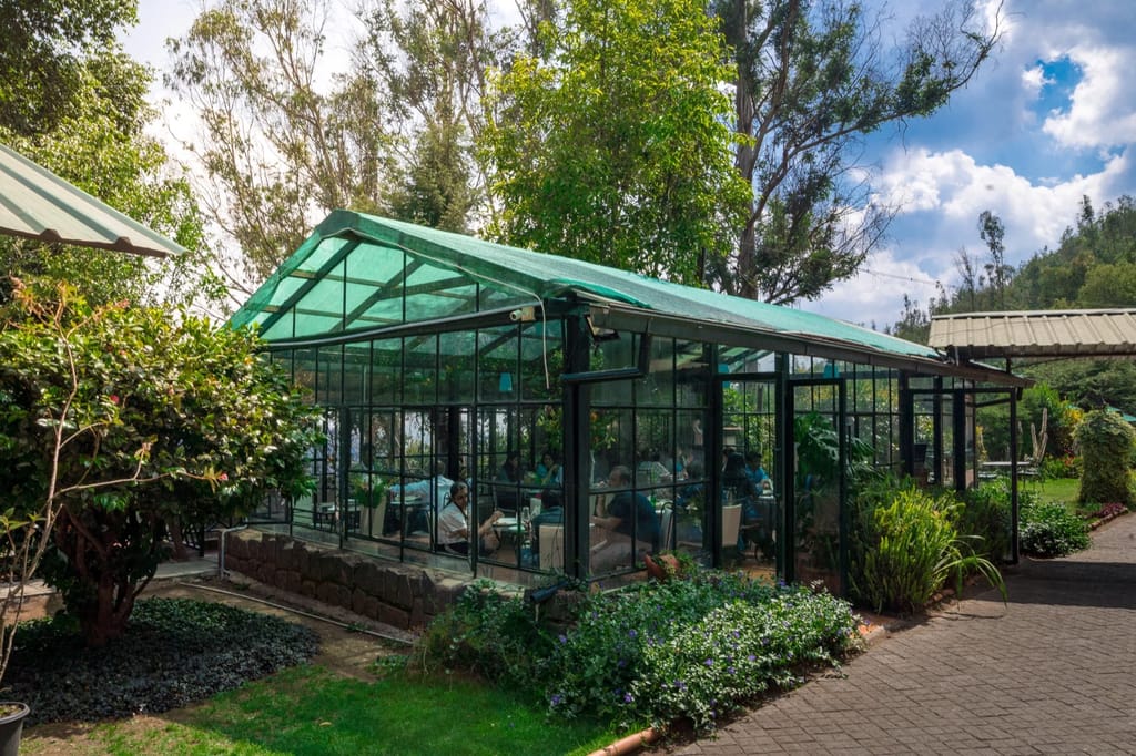 Glass house restaurant seen from the garden