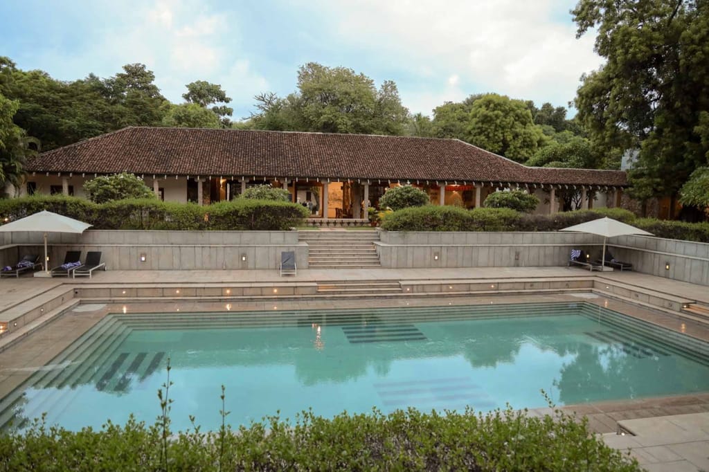 Large rectangular pool below the guest wing