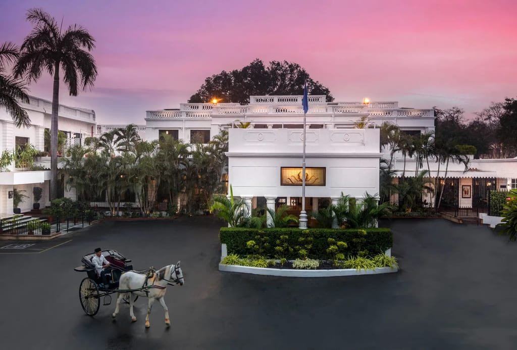 White palace facade at dusk