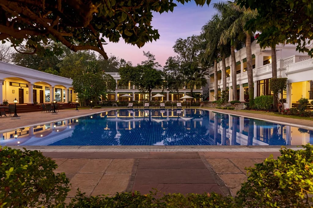 Open air swimming pool at dusk