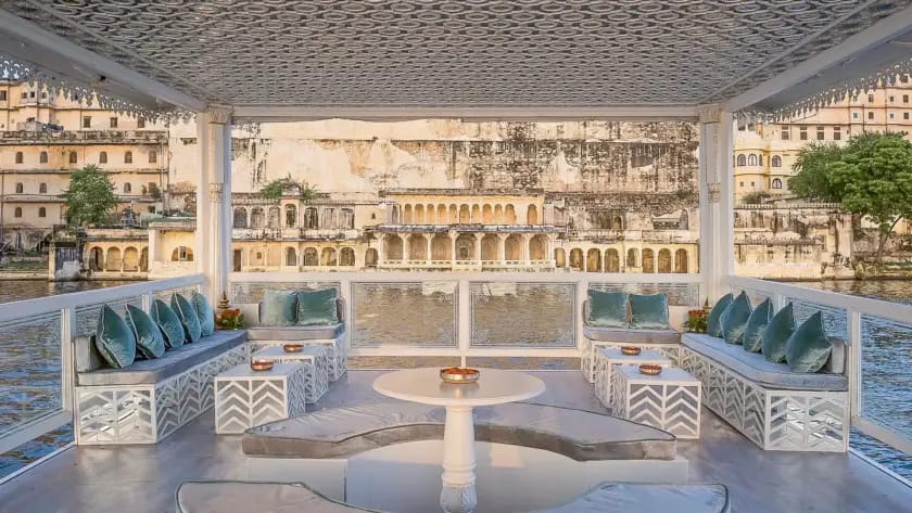 Lakefront lounge facing the old city ghats across Lake Pichola, Jagat Niwas Palace, Udaipur