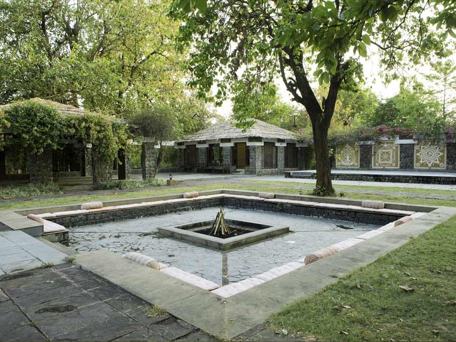 The fire court by day, with the villas behind