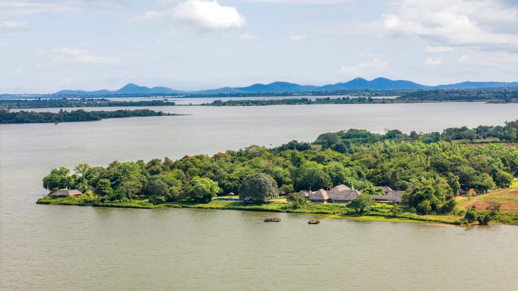 Wide view of the Kabini reservoir with forested islands