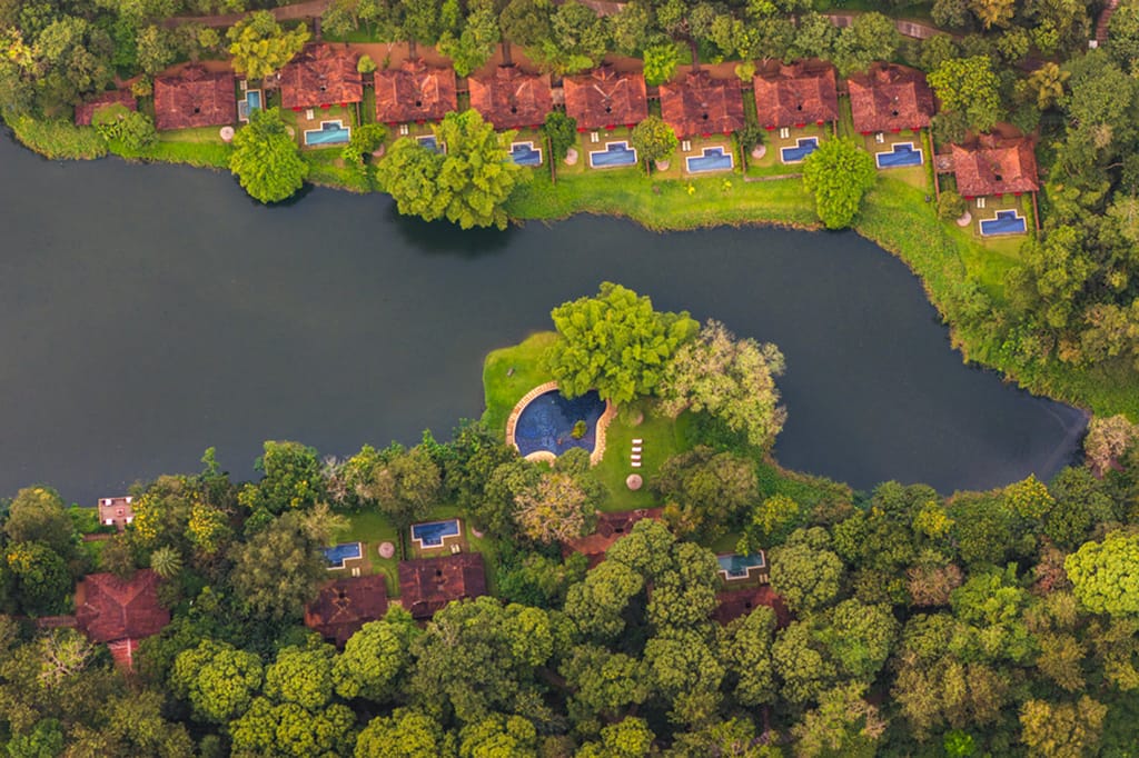 The estate from the air, with its lake