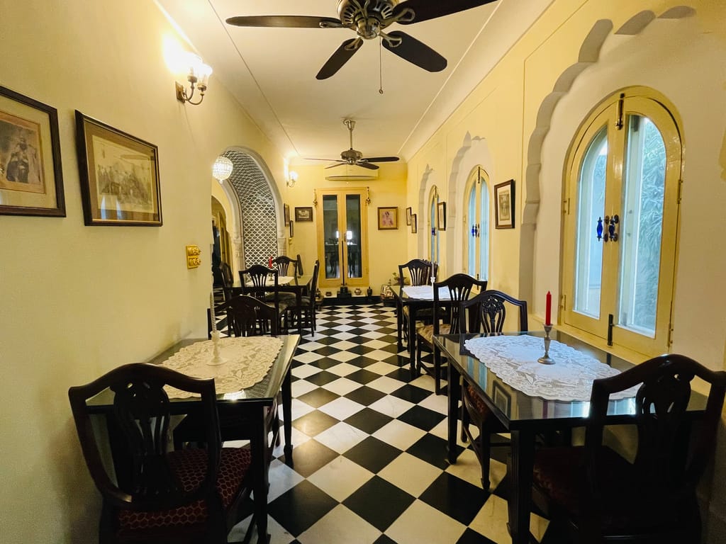 Heritage Dining Room with chequerboard floor and arched windows