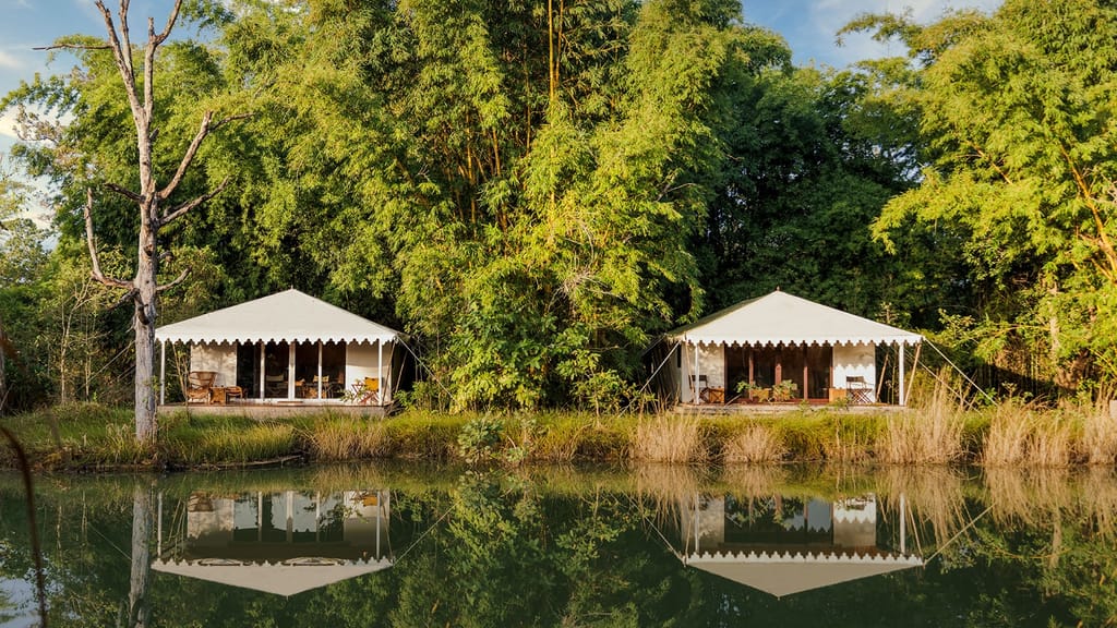 Two scallop-edged tented suites reflected in the lake against bamboo forest at Bagh Villas, Kanha