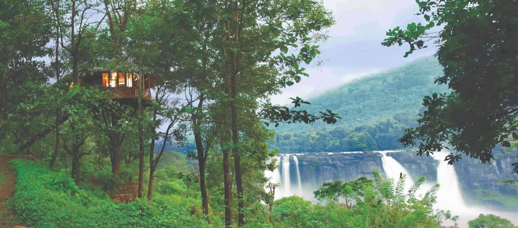 Tree House cottage perched in the forest canopy overlooking Athirappilly Falls at Rainforest Athirapally, Athirappilly