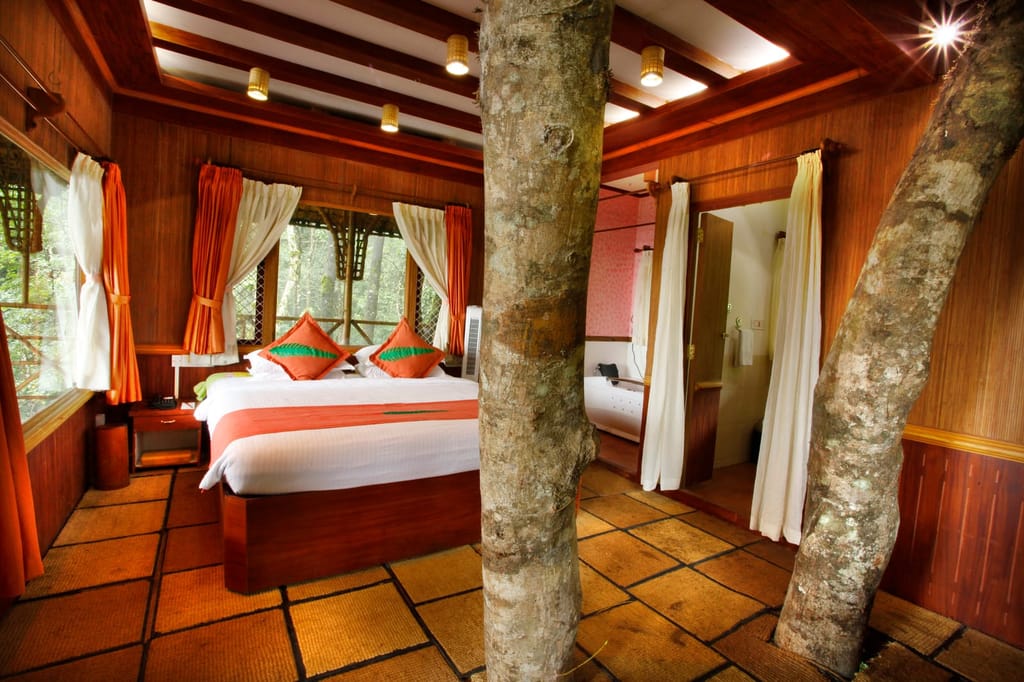 Tree House bedroom with king bed, orange drapes and living tree trunks rising through the room, Vythiri Resort, Vythiri