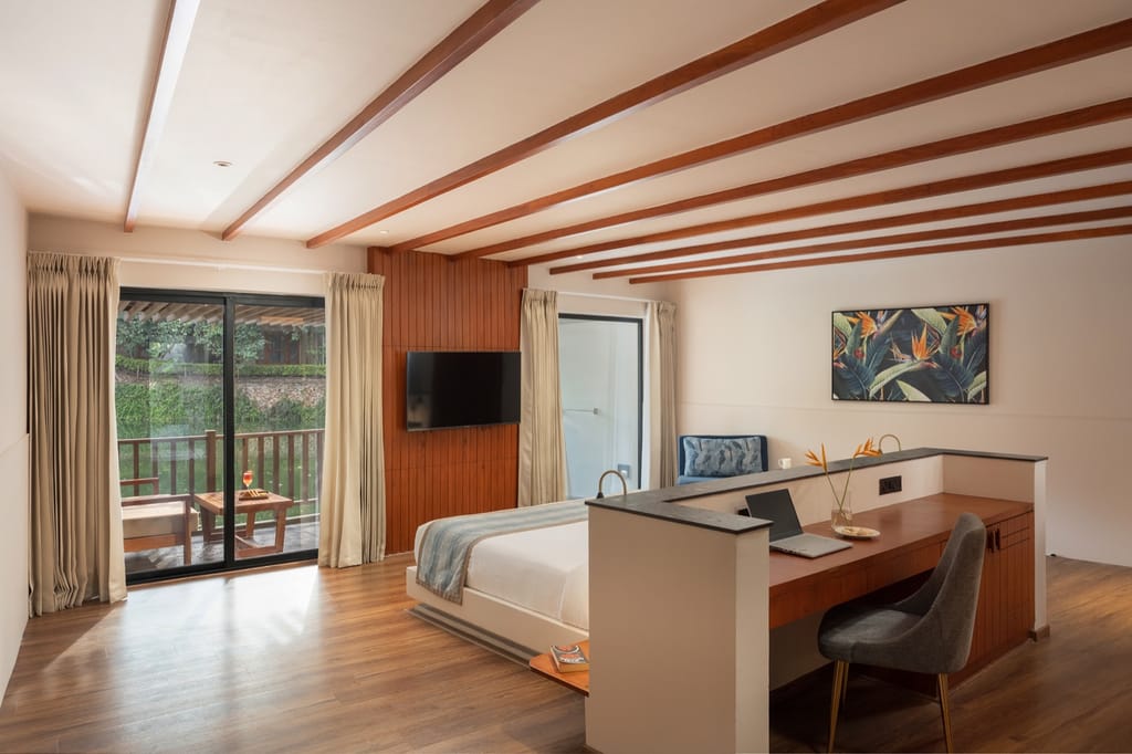 Pondview Suite with platform bed, desk counter and balcony overlooking the pond, Coco Lagoon by Great Mount, Pollachi