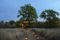 The lantern-lit path to a treehouse at Pench Tree Lodge at dusk