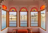 The bay window of a Lake Facing Suite at Amet Haveli, over Lake Pichola