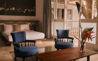 Modern wing room with striped blue armchairs