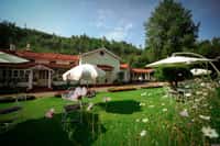 Lawn and flower beds before the mansion