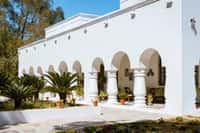 White arcaded facade behind palms