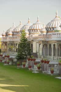 Domed white pavilion across the lawn