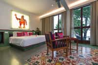 Lake facing room with patterned tiles and shadow puppet