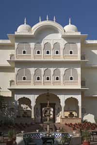 Arched balconies above a courtyard