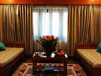 Sitting room with twin daybeds and gold curtains