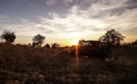 Jeep safari crossing scrubland at sunset, Dhora Desert Resort & Spa, Shekhala