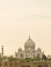 The Taj Mahal seen from the rooftop terrace, Diwan House, Agra