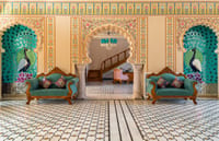 Main lobby with chandeliers and hand-painted detailing, Kesar Bagh Palace, Chittorgarh
