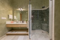 Green-plastered bathroom with marble vanity and sage tiled walk-in shower, Niravi, Jaipur