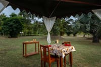Candlelit dinner table for two under a canopy on the lawn, Soulacia Hotel & Resort, Kanha