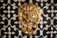 Lion door knocker on a studded door
