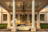 The porte-cochere at Rajmahal Palace, with the family’s 1950s Ford Thunderbird