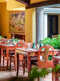 Courtyard restaurant seating with columns