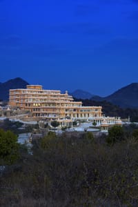 Palace facade of Fateh Vilas at twilight