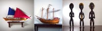 Tea Bungalow, Fort Kochi: model sailing ships and carved wooden figures from the house collection