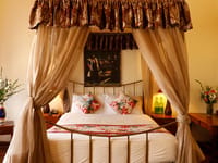Canopied bed with heavy gold drapes