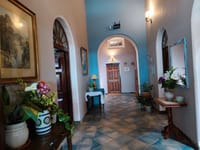 Arched hallway with tiled floor and plants