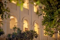Lit arcade seen through frangipani branches